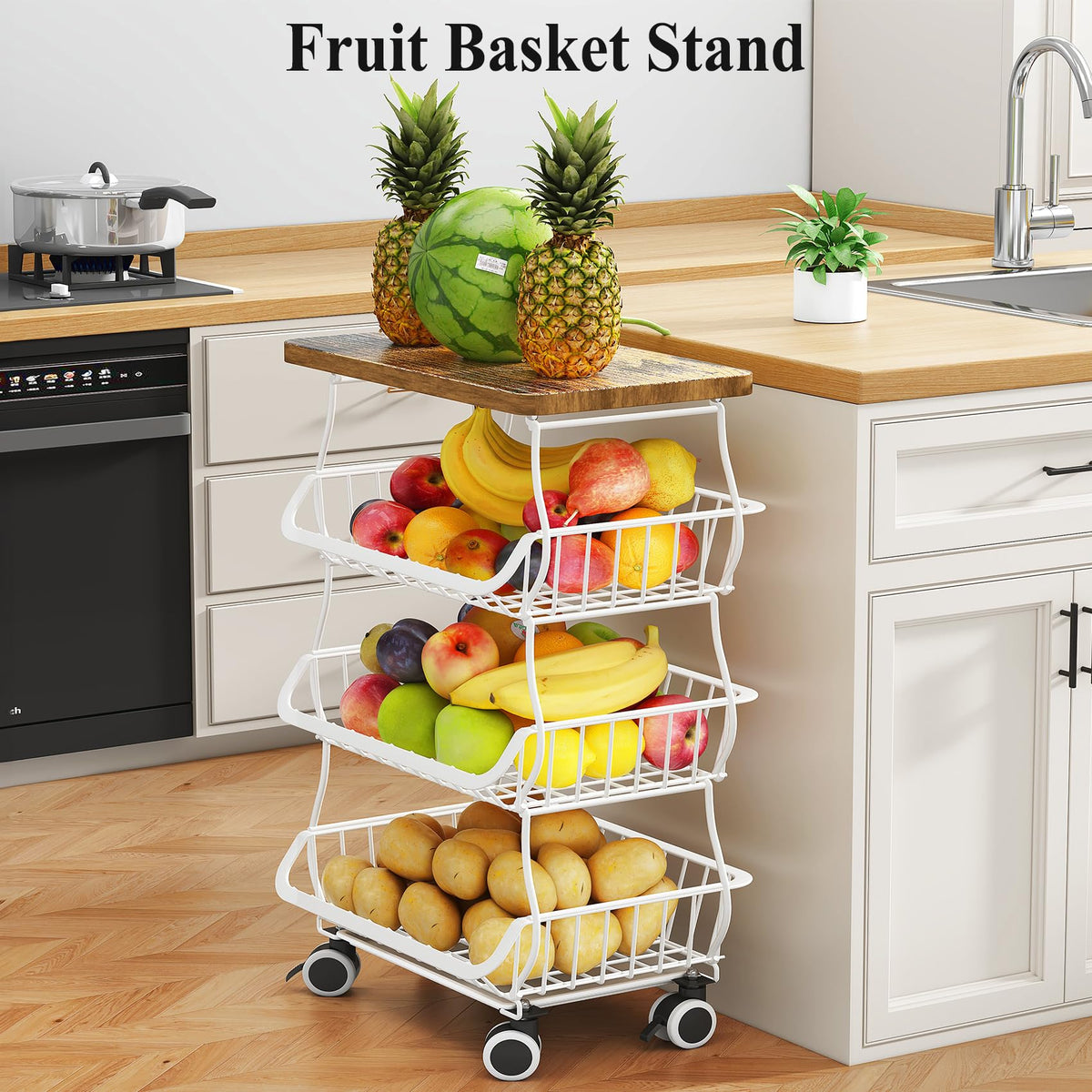 SAYZH 4-Tier Fruit and Vegetable Basket Stand for Kitchen, Wood Top, White