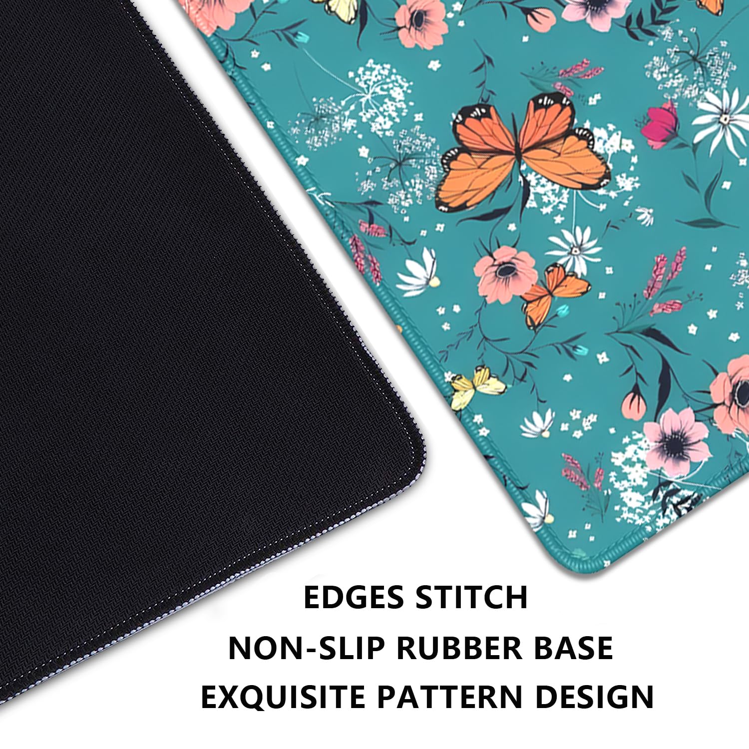 Colorful Butterflies and Flowers Extended Desk Pad Mouse Pad,Stitched Edges Non-Slip Rubber Base XL