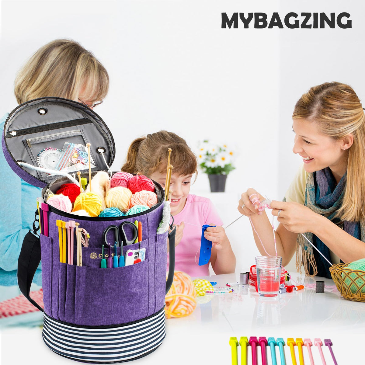 MYBAGZING Expandable Crochet Bag Organizer w/Yarn Grommets& Zipper Closure