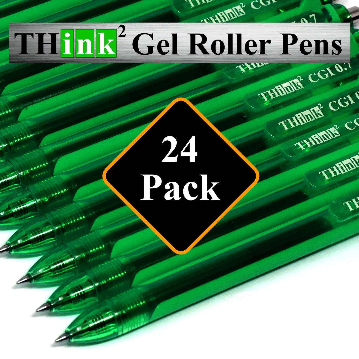 [24 Pens - Green Ink] Think2 0.7mm CGI Retractable Gel Pens. (24 Green) Medium Point Rollerball