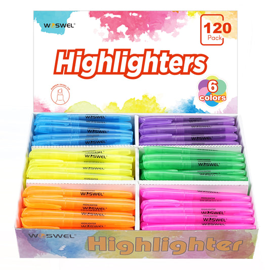 WOSWEL Highlighters Bulk, 120 Pack 6 Assorted Colors No Bleed Chisel Tip Highlighter Markers
