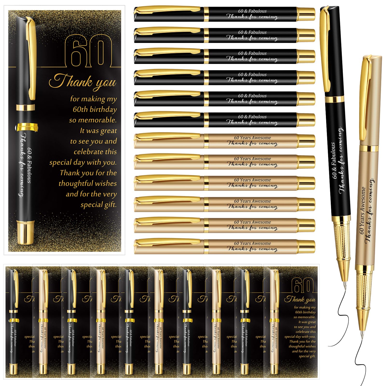 Feifeiya 30 Set 60th Birthday Favors with Black Gold Pens Cards