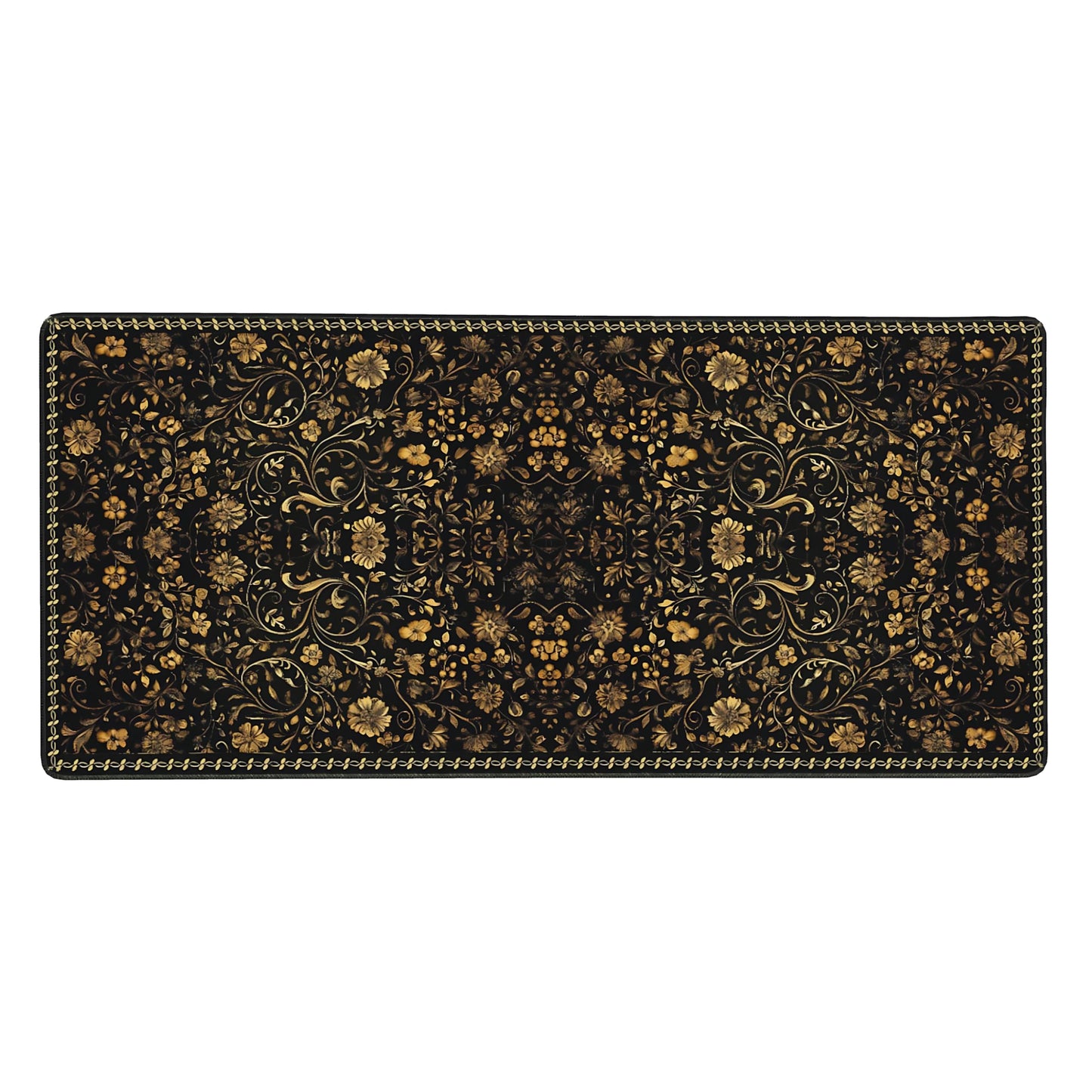 Floral Aesthetic Daisy Gaming Mouse Pad, Black Gold Baroque Desk Mat with Anti-Slip Base & Stitched