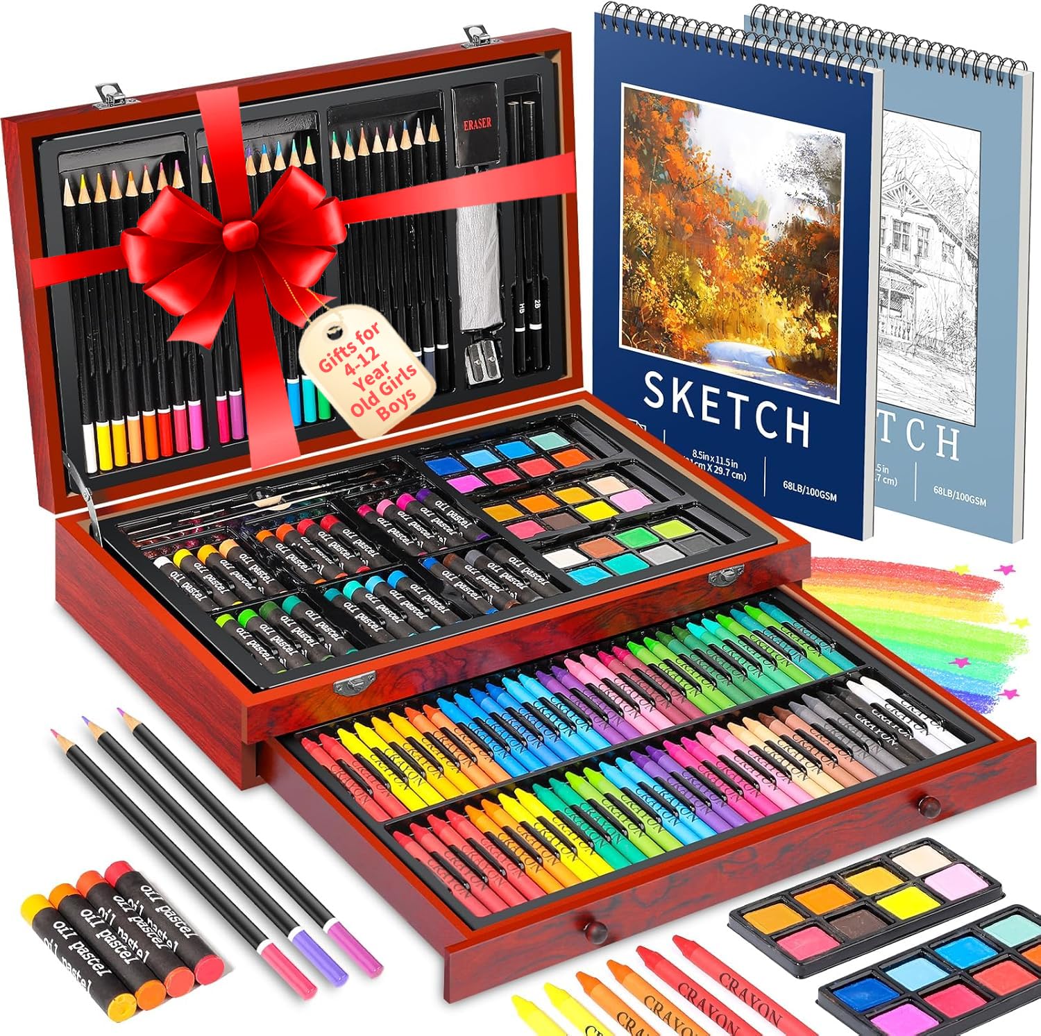 Hapikalor 156-Pack Art Kit Drawing Set with 2 Sketch Book, Crayons, Colored Pencils, Arts and