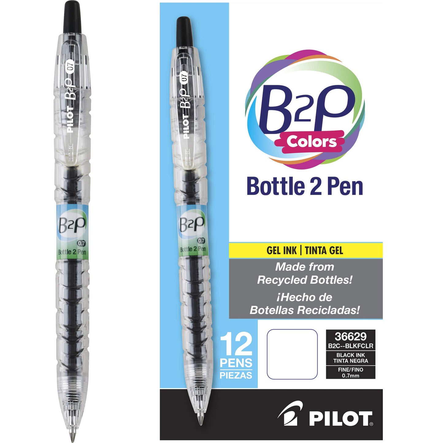 PILOT B2P Colors Gel Pen, Fine Point 0.7mm, Black, 12-Pack