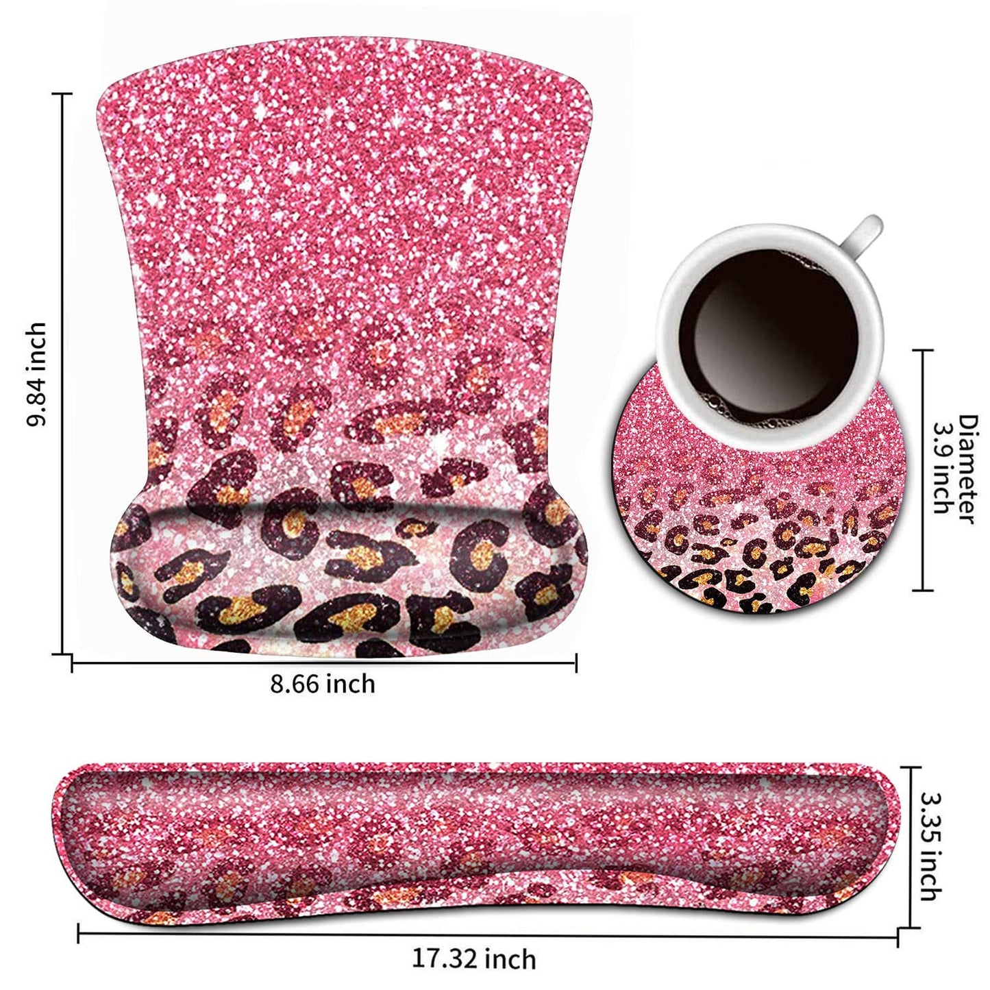 Keyboard Wrist Rest and Mouse Pad Wrist Support Set,Cute Pink Faux Glitter Leopard Ergonomic Gel