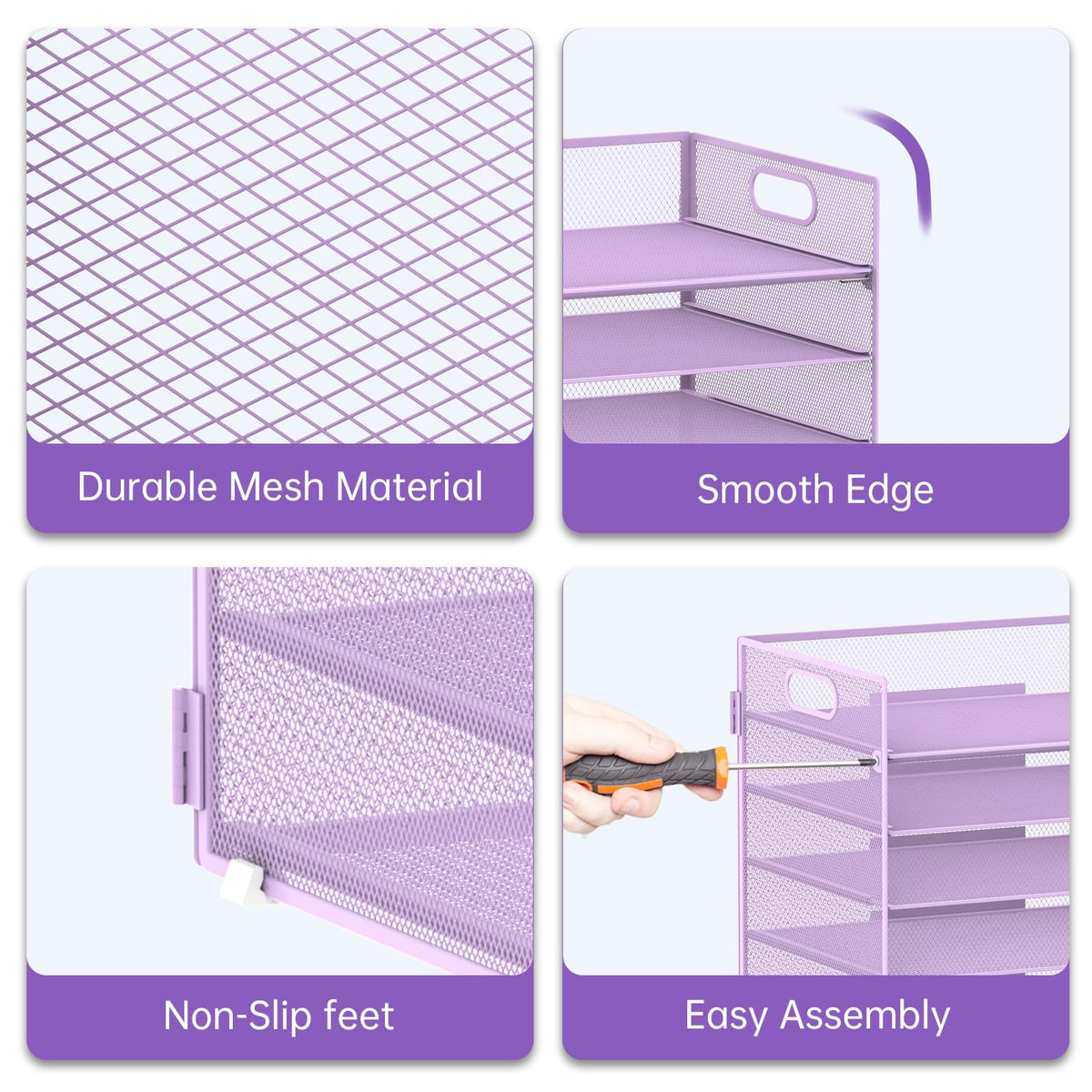 7 Tier Paper Organizer for Desk with Mesh Letter Trays and Handle Purple