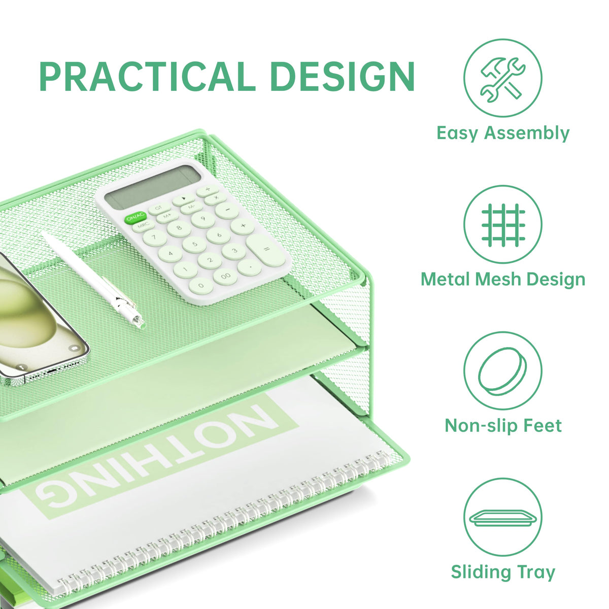 DALTACK 3 Tier Letter Tray Paper Organizer with Sliding Trays Mint Green