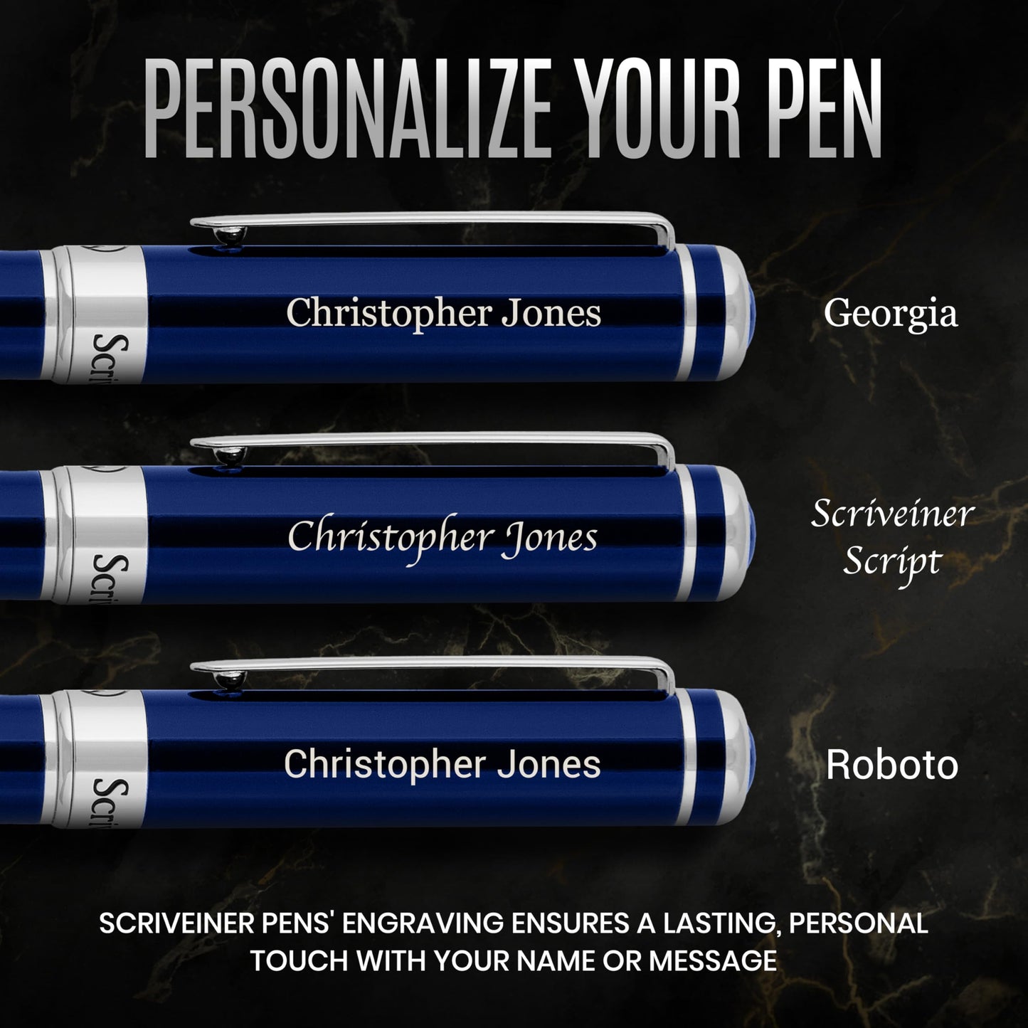 Scriveiner Personalized Midnight Blue Ballpoint Pen - Stunning Blue Lacquer Luxury Pen, Chrome