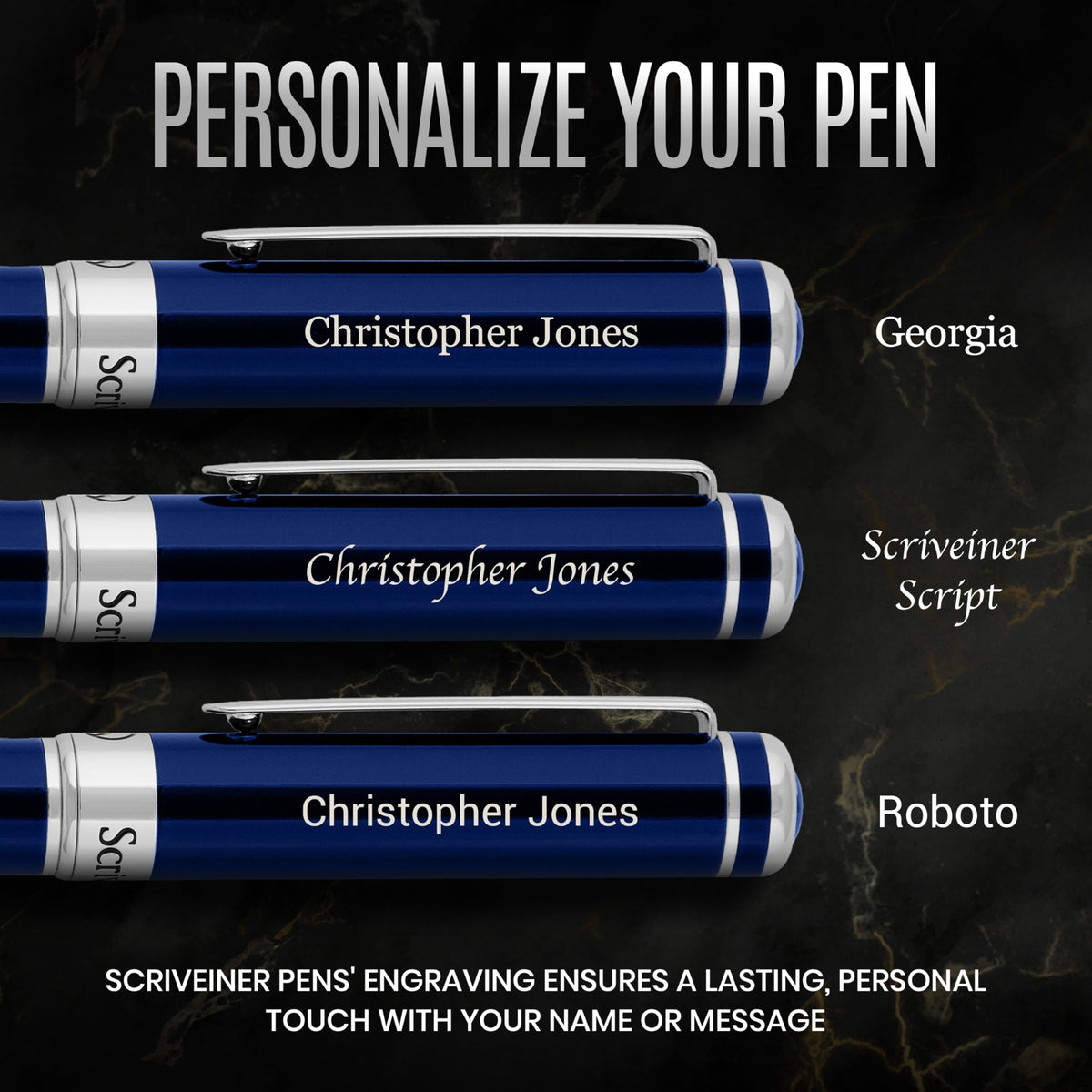 Scriveiner Personalized Midnight Blue Ballpoint Pen - Stunning Blue Lacquer Luxury Pen, Chrome