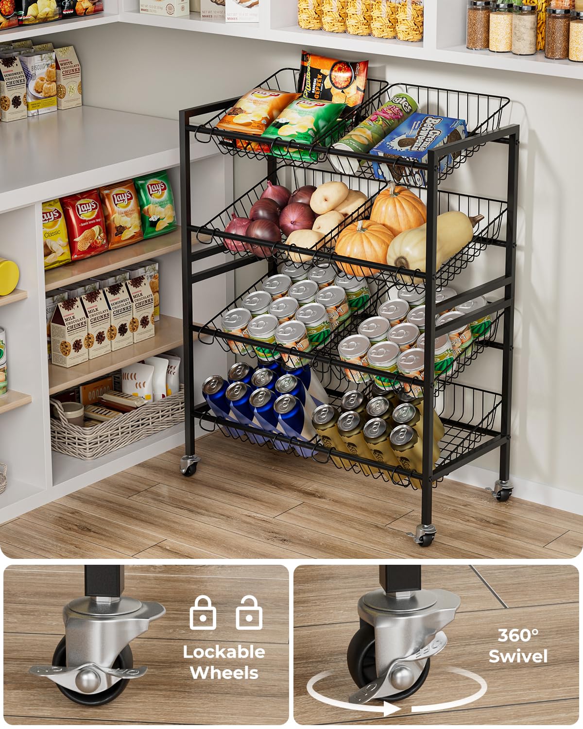 Evermagin 25.2" W Kitchen Storage Cart, 4-Tier Snack Cart with Wheels