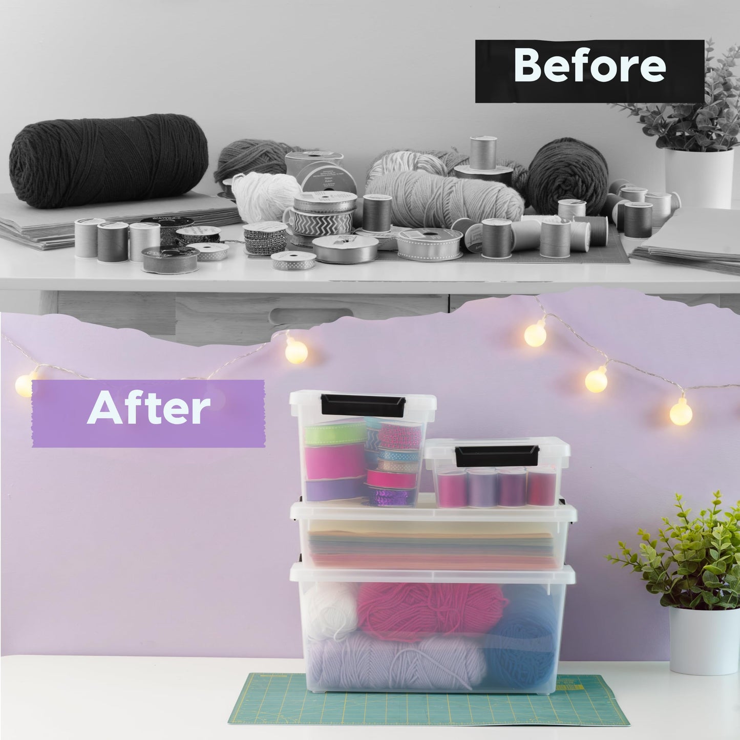 IRIS USA Storage Bins with Lids |Made in USA| 2 Qt - (6-Pack) - Clear/Black