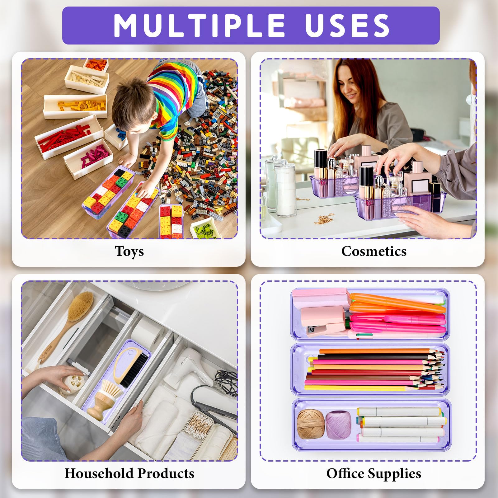 Maitys 12 Pcs Clear Drawer Organizer 9 x 3 x 2 Inches Plastic Rectangle Trays Makeup Vanity Storage
