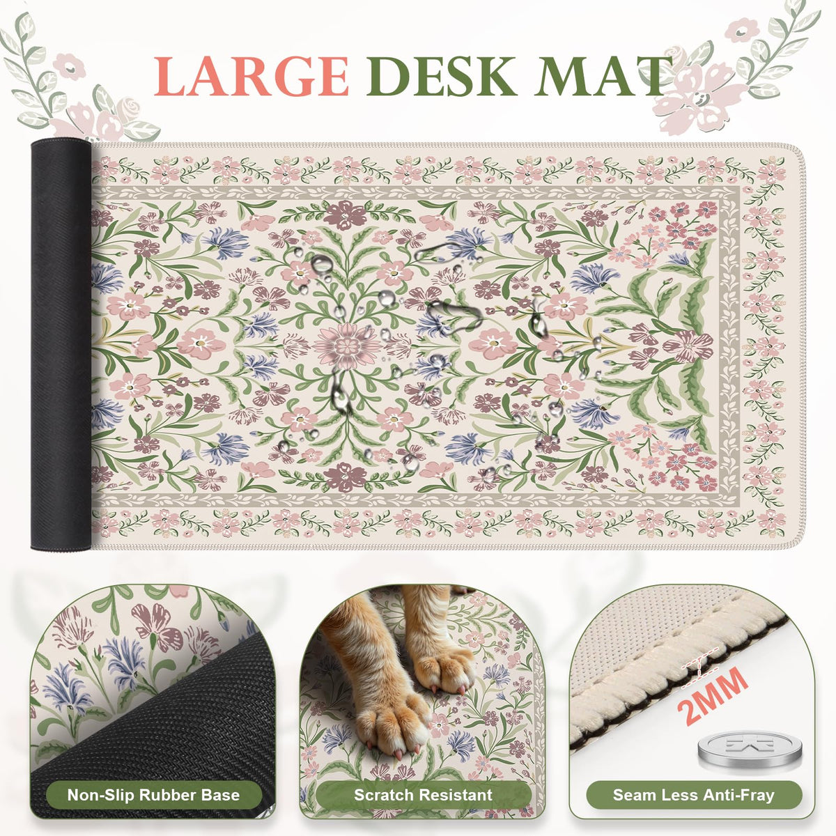 iLeadon Purple Desk Mat Set, Soft Long Floral Mouse Pad Wrist Support