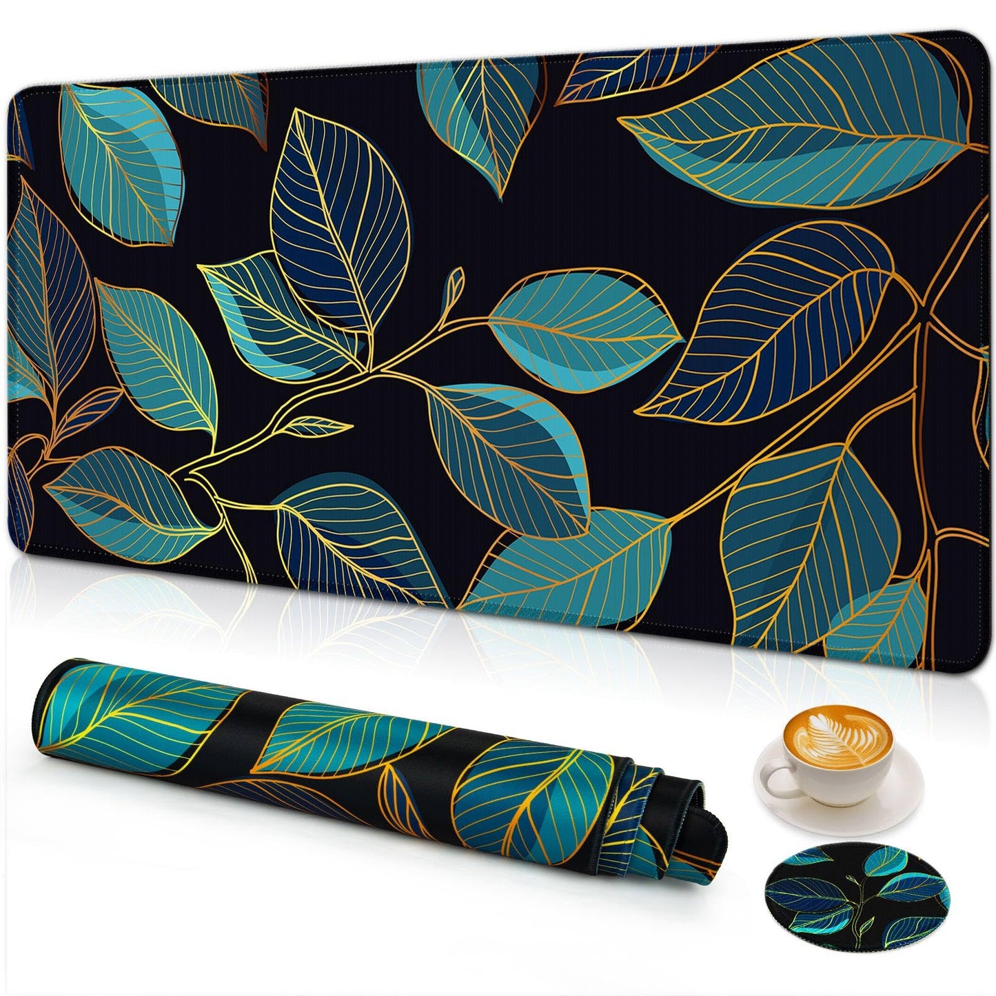 Large Gaming Mouse Pad with Coaster,Desk Matt for Desktop,Desk Mat-Leaves