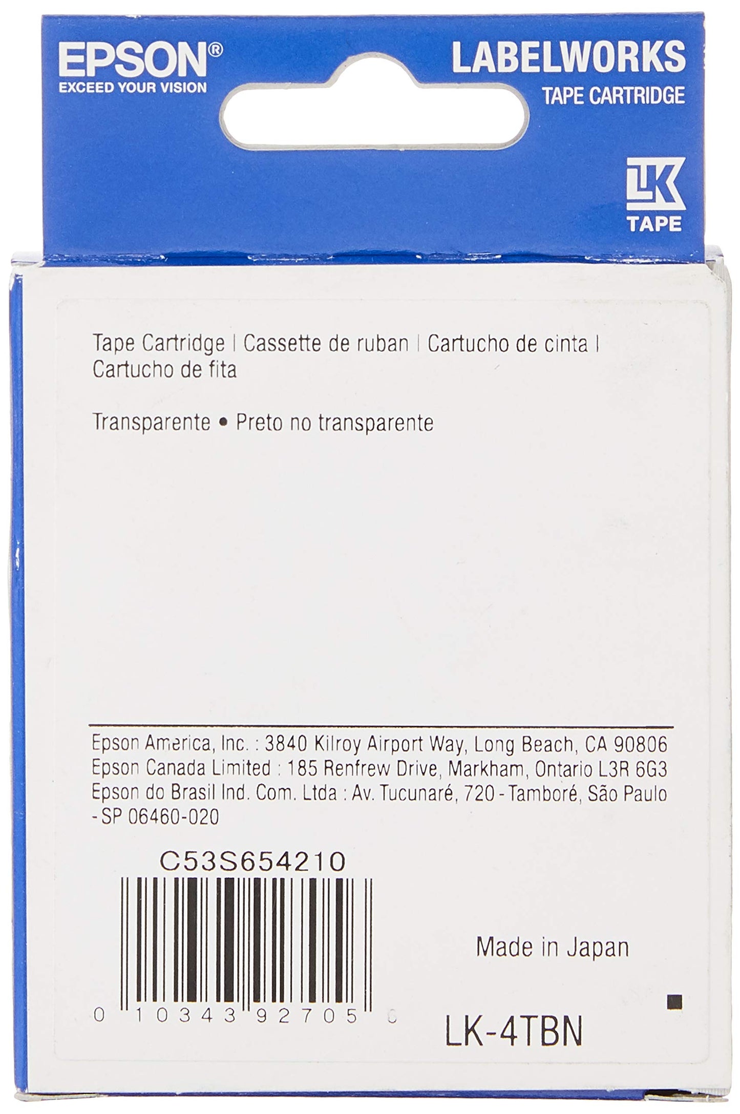Epson LabelWorks Tape Cartridge 1/2" Black on Clear (LK-4TBN) - for use with LW-300, 400, 600P, 700