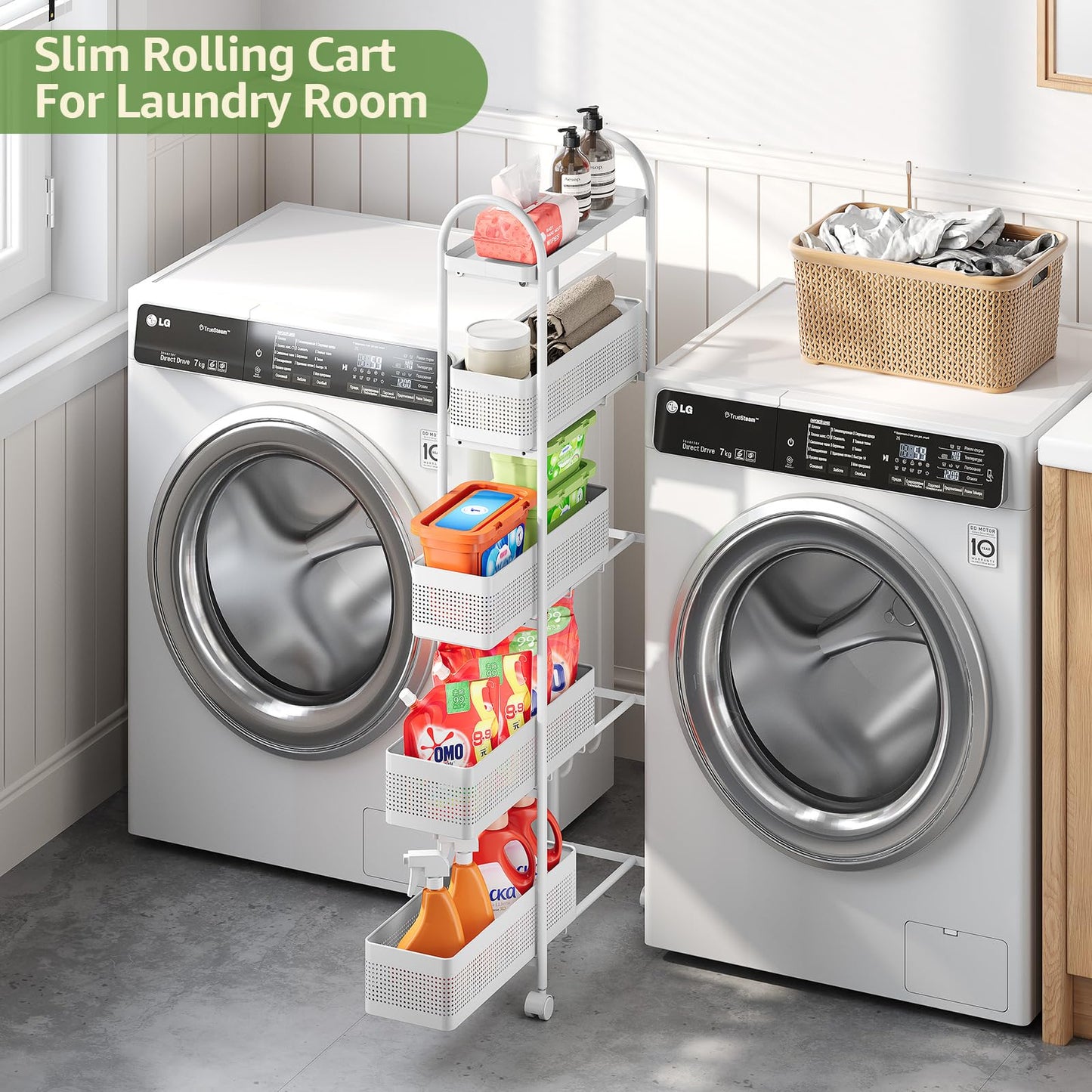 KINGRACK 5 Tier Slim Rolling Cart with Drawer, Metal Utility Storage Cart