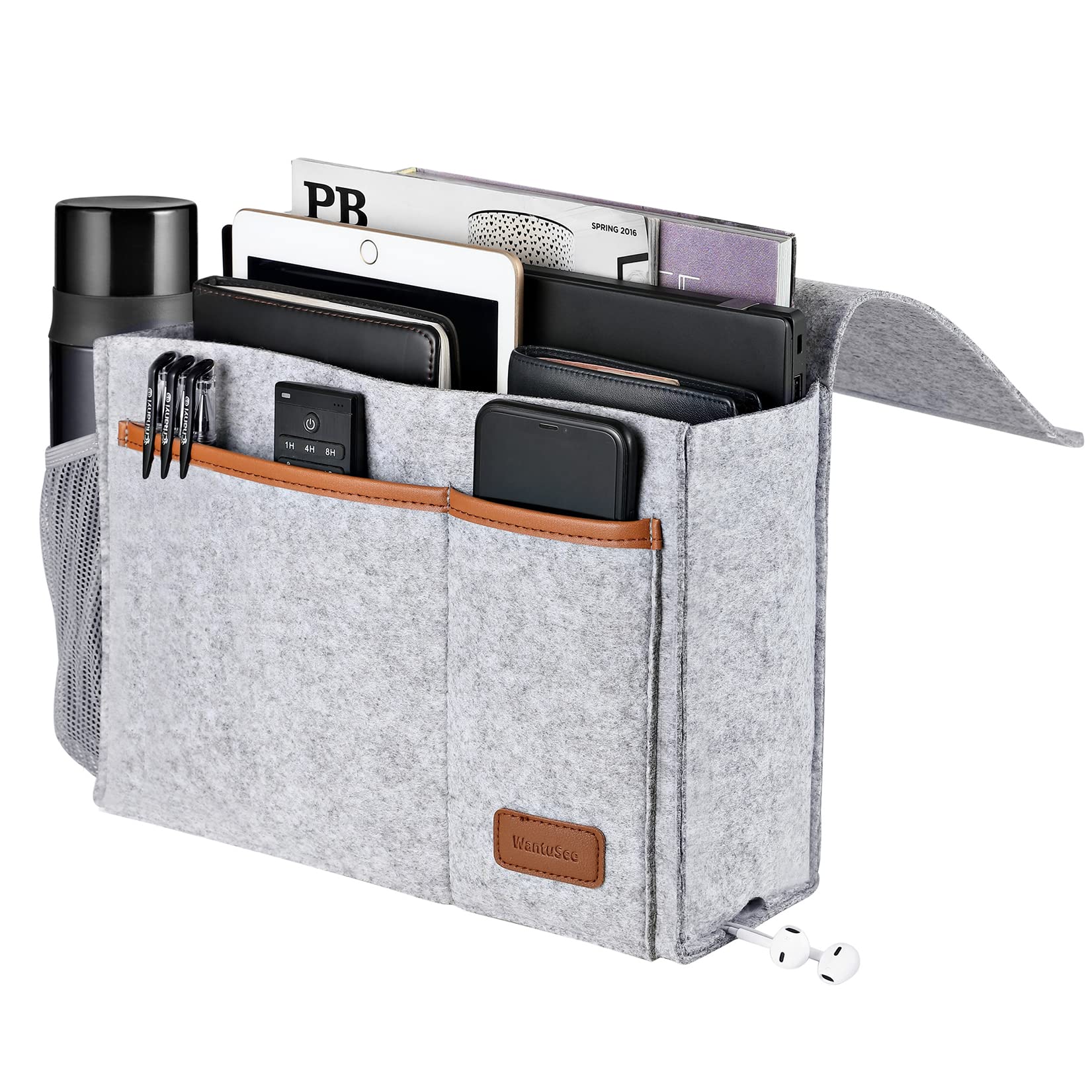 WantuSee Bedside Caddy, Felt Bed Storage Organizer Hanging Bag Holder with 5 Pockets, Magazine Book