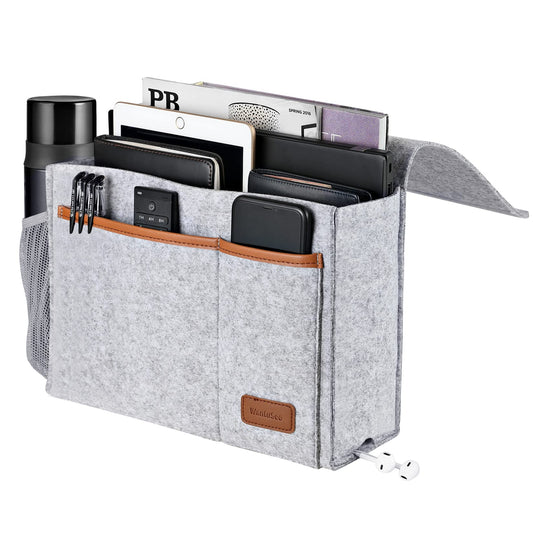 WantuSee Bedside Caddy, Felt Bed Storage Organizer Hanging Bag Holder with 5 Pockets, Magazine Book