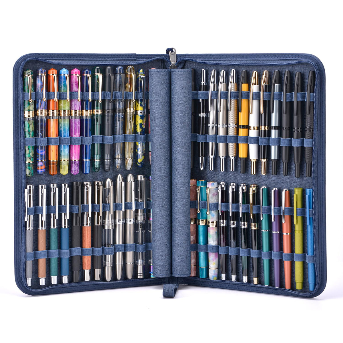 Lanxivi 48 Fountain Pen Case Denim Blue Organizer Bag, Waterproof Canvas Pen Display Holder with