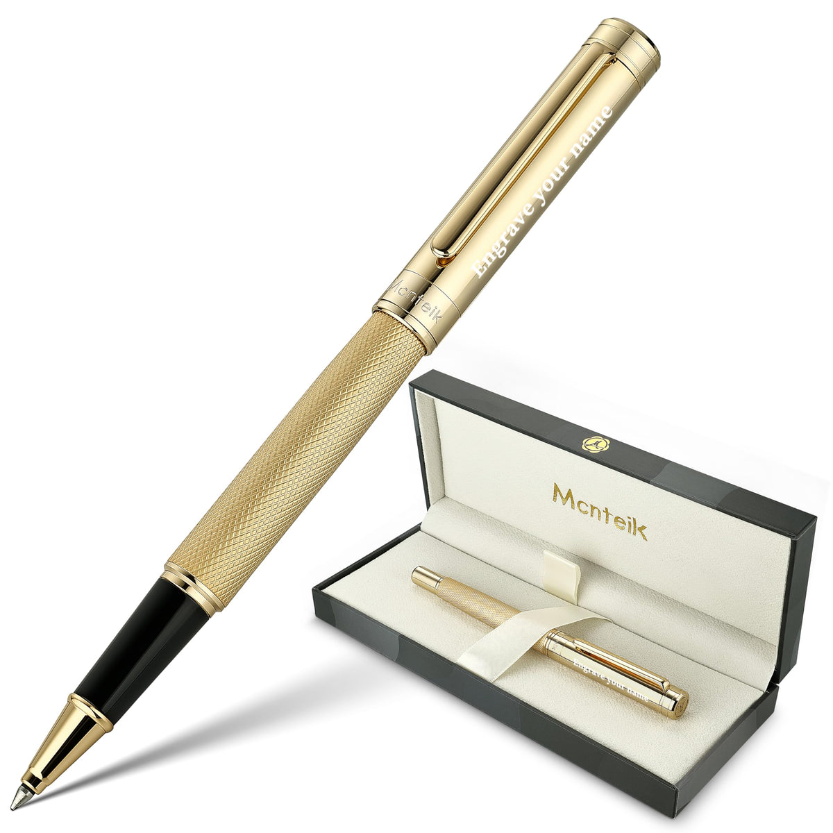 MCNTEIK Gold Personalized Rollerball Pen, Stunning Luxury Pen with Mesh Texture Design and 24K Gold
