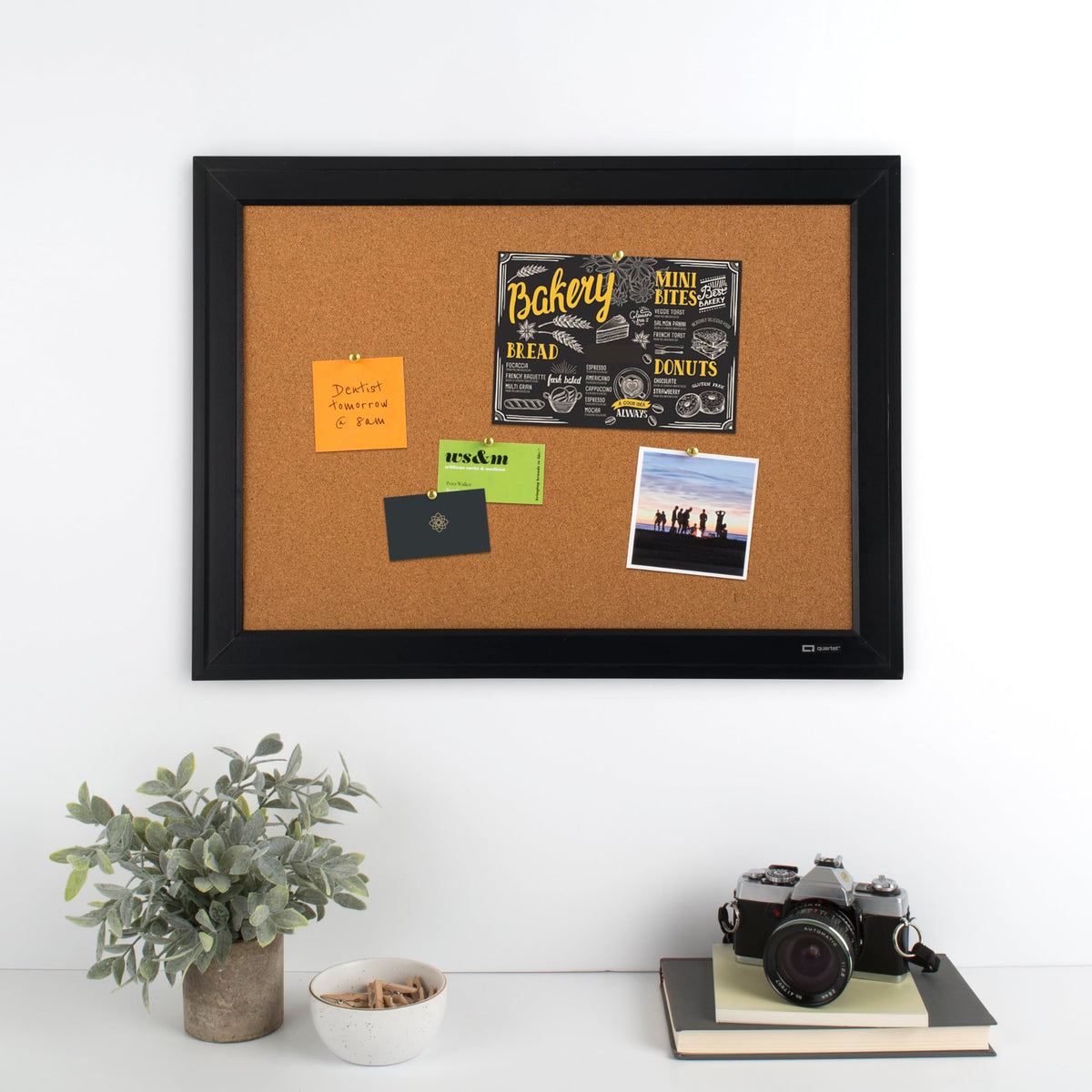 Quartet Cork Board Bulletin Board, 17" x 23", Framed Corkboard, Black Frame, Decorative Hanging Pin