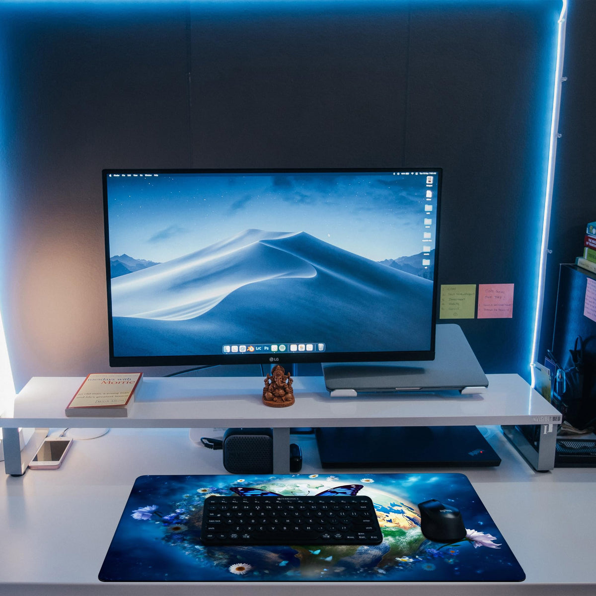KOAIWPAE Desk Mat, Earth Surrounded by Flowers Desk Pad, Blue Butterfly Large Gaming Mouse Pad