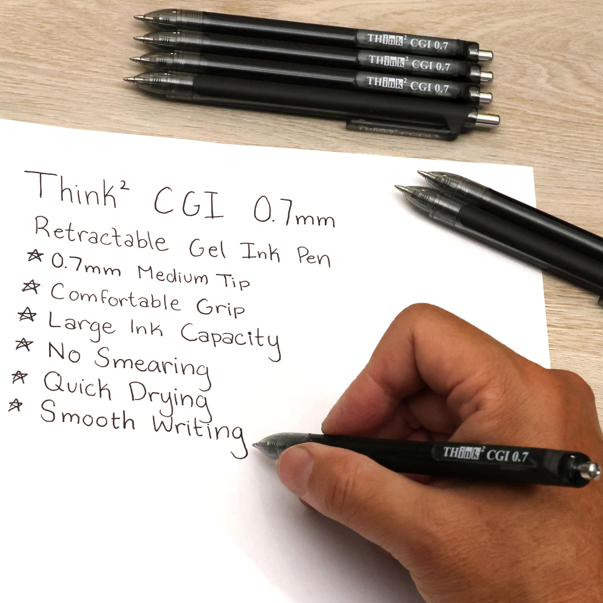 [24 Pens - Black Ink] Think2 0.7mm CGI Retractable Gel Pens. (24 Black) Medium Point Rollerball