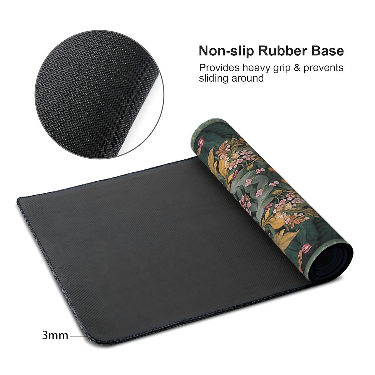 Floral Aesthetic Wildflower Gaming Mouse Pad, Forest Green Rug Desk Mat with Anti-Slip Base &