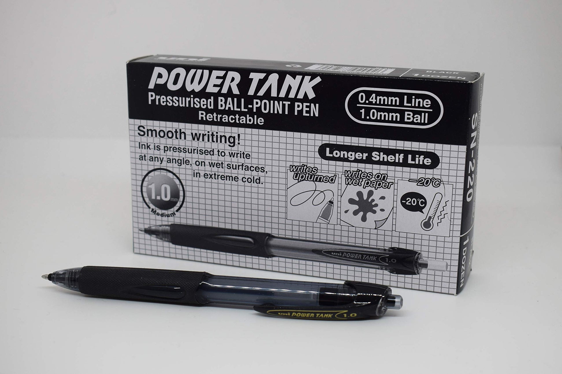 uni-ball 768184000 SN-220 Power Tank Broad Retractable Ballpoint Pens - Black (Pack of 12)