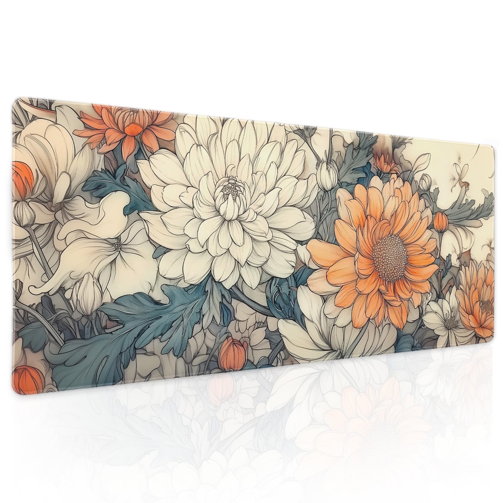 Minimalist Floral Gaming Mouse Pad XL White Orange Aesthetic Flowers Japanese Extended Large Mat