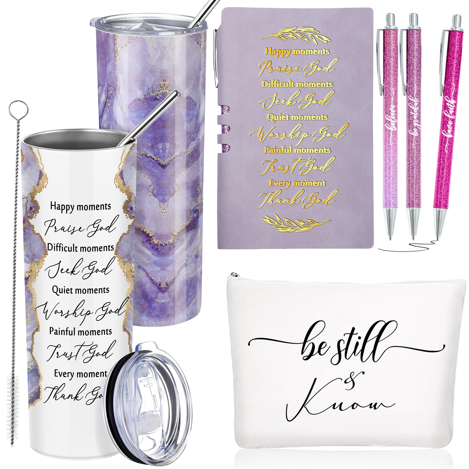 Domensi 6 Pcs Christian Gifts Set, 20 oz Tumbler Notepad Pens, Purple
