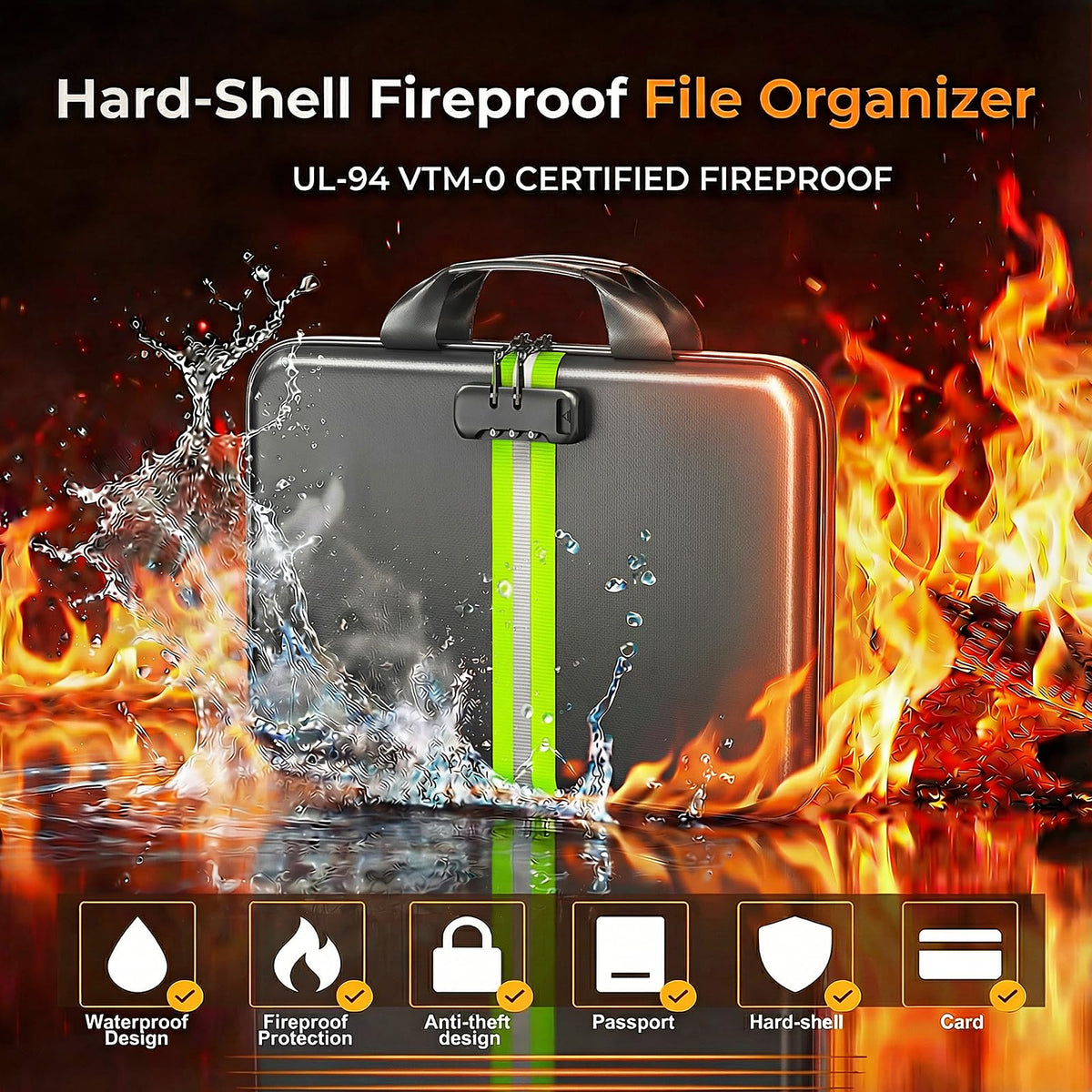 IPYIPY Fireproof Document Organizer with Lock, Semi-Rigid EVA Shell File Box with 13-Pocket