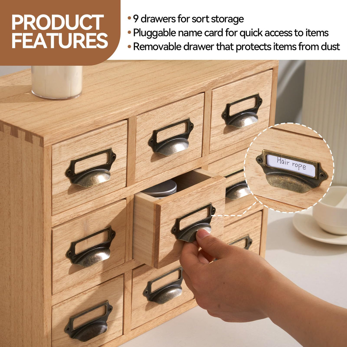 KIRIGEN Wooden Desk Organizer with 9 Drawers, Storage Cabinet, Natural