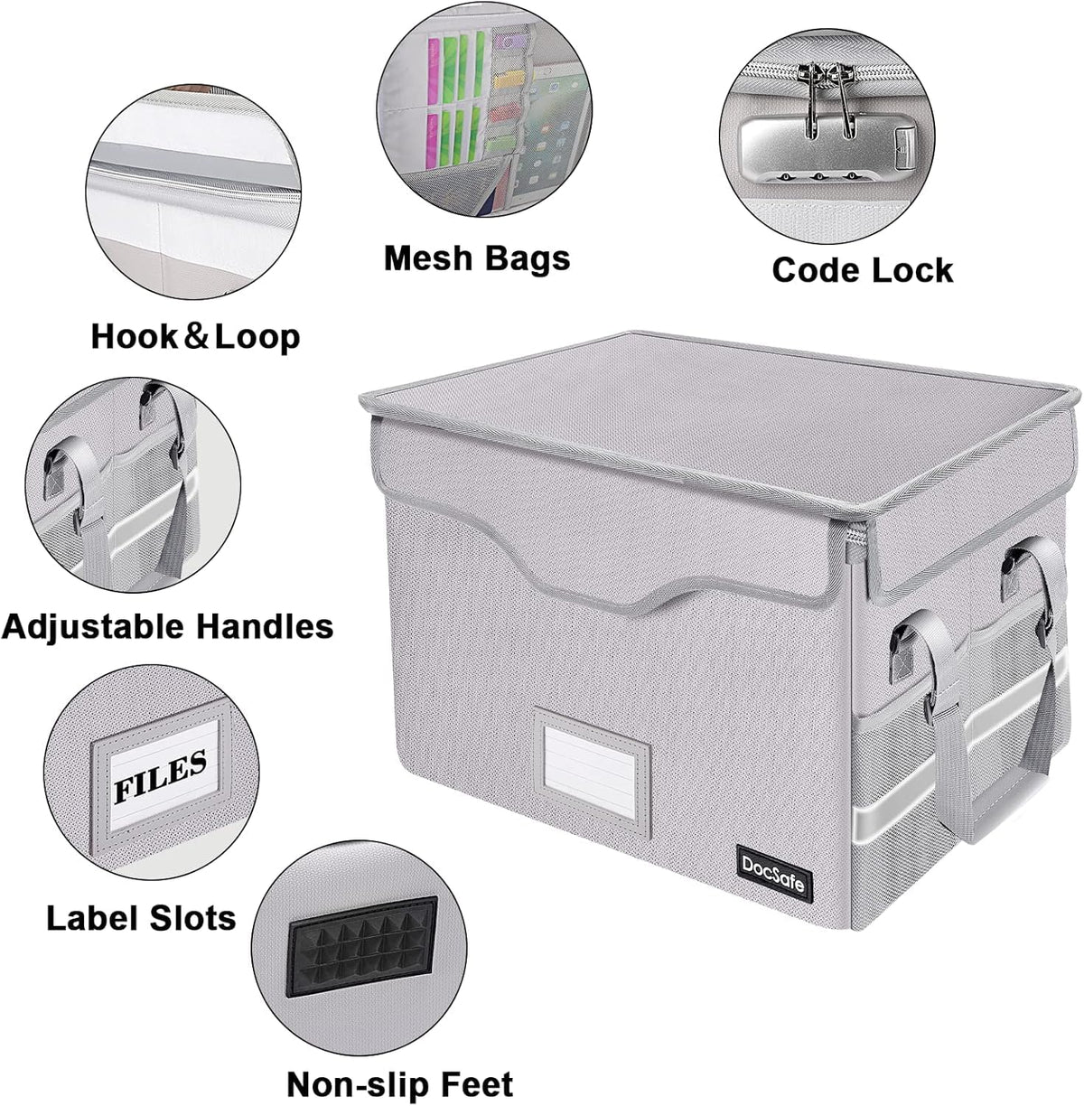 DocSafe Fireproof Document Box with Lock,File Storage Organizer with Pockets,Collapsible Portable