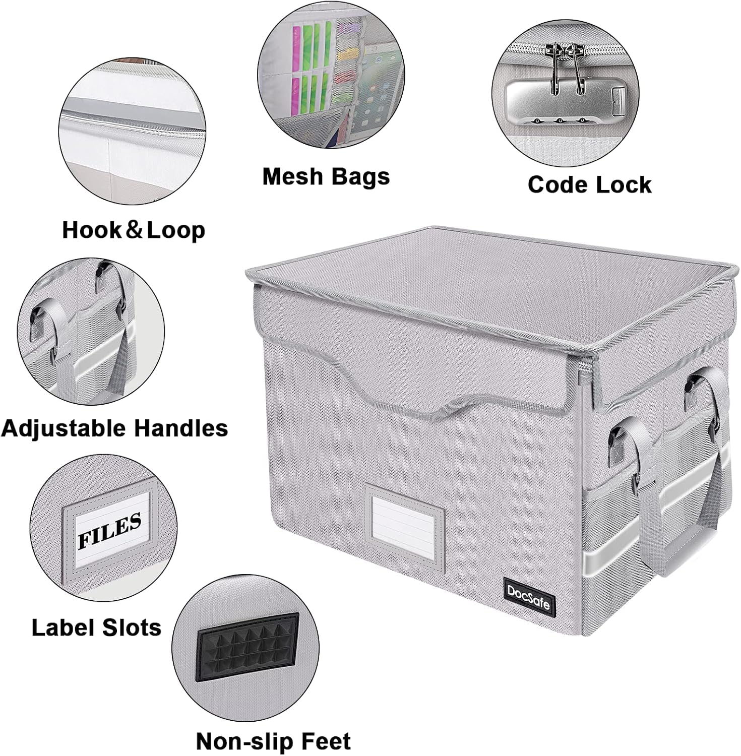 DocSafe Fireproof Document Box with Lock,File Storage Organizer with Pockets,Collapsible Portable