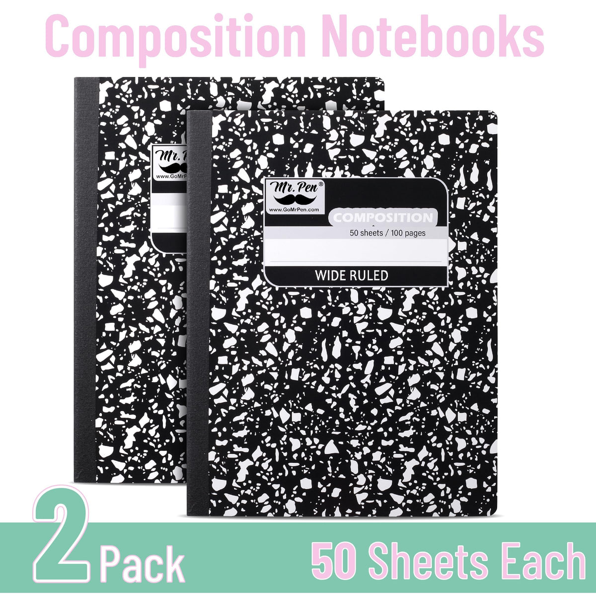 Mr. Pen- Composition Notebook, 2 Pack, Wide Ruled, 50 Sheets, 9.75" x 7.5" | Black Marble