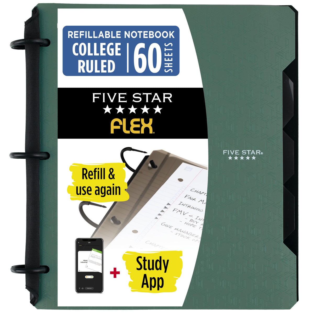 Five Star Flex Refillable Notebook + Study App, College Ruled Paper and 1 Inch TechLock Ring Binder
