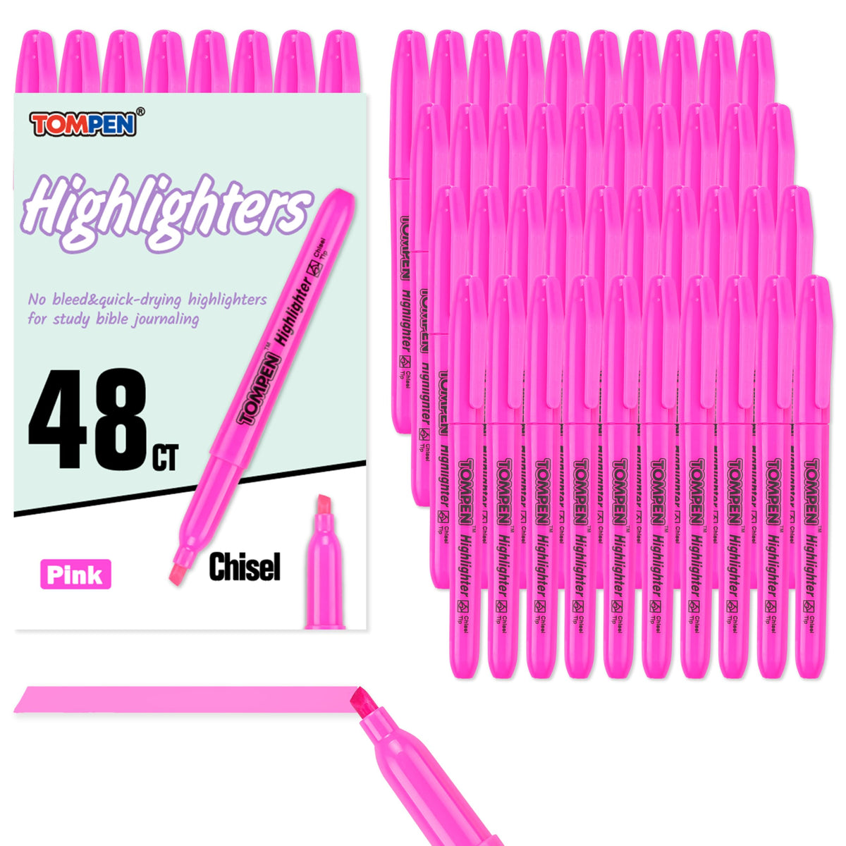 TOMPEN Highlighters Pink 48 Pack,Bible Highlighters No Bleed–Bulk Chisel Tip Highlighter Markers