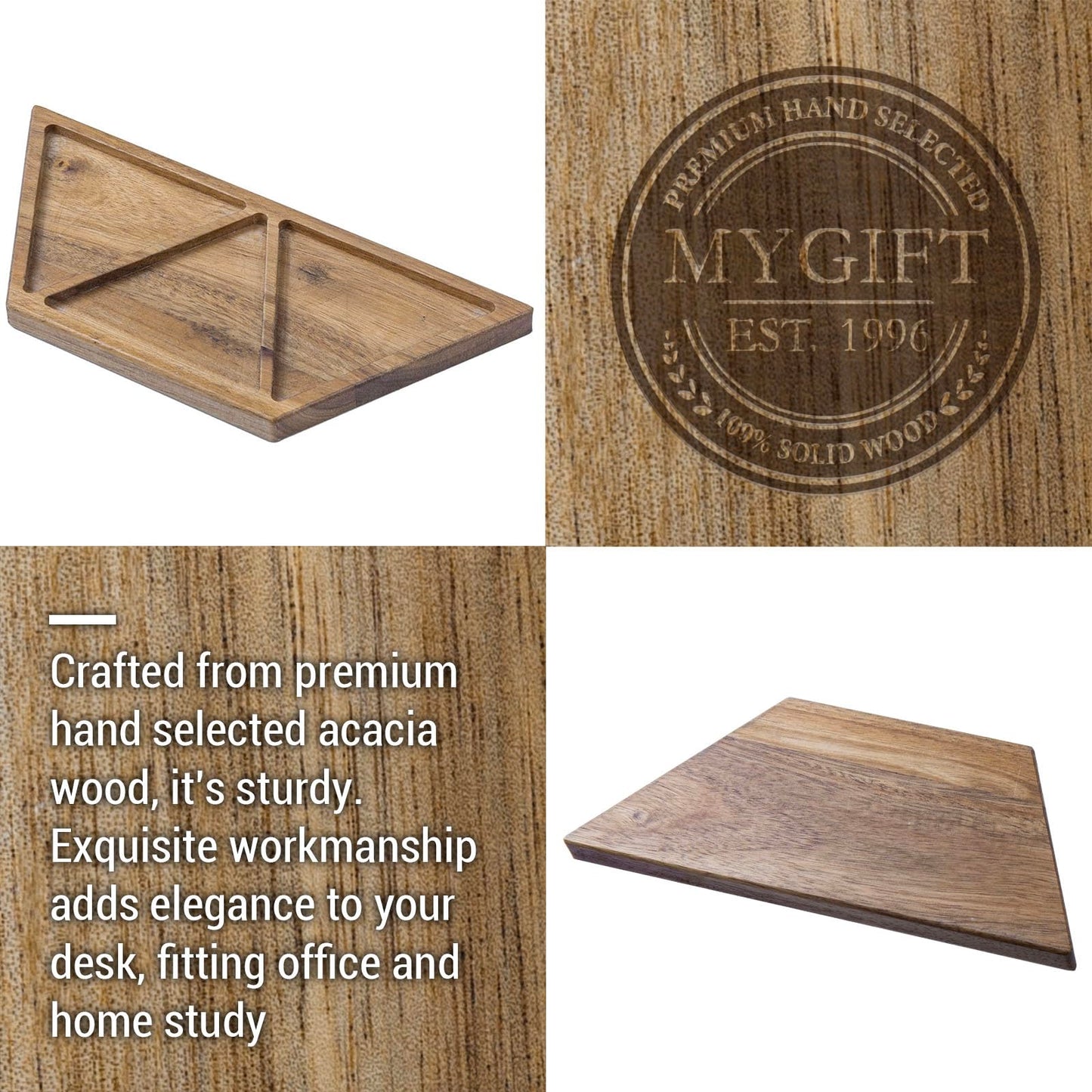 MyGift Modern Concrete Desk Organizer Set with 3 Triangular Gray-Tone Pen Holders and Acacia Wood