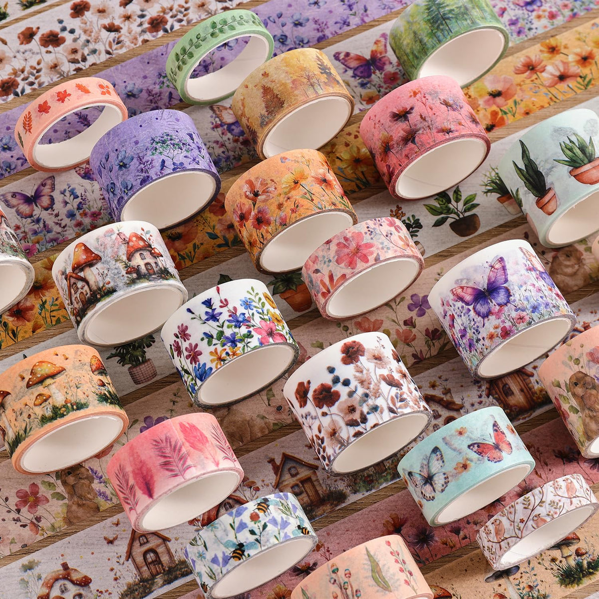 PAGEMORE 27 Rolls Vintage Washi Tape Set, Floral Butterfly Forest Mushroom Botanical Flower