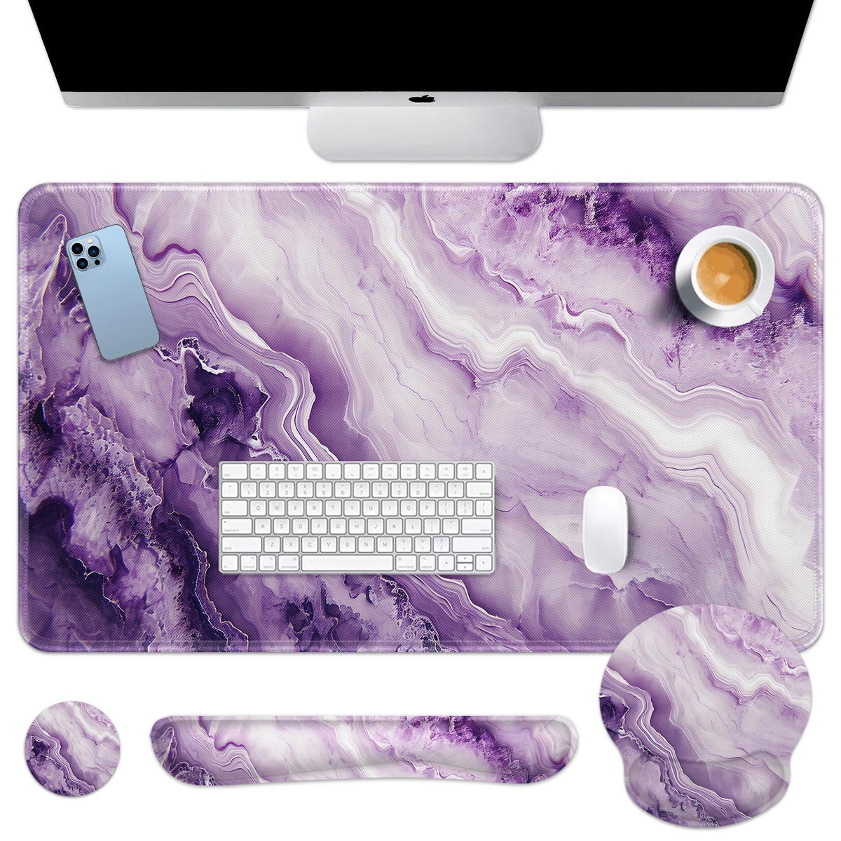Britimes Keyboard Mouse Pad Set, 4 in 1 Desk Mat Set, Purple Pink Marble