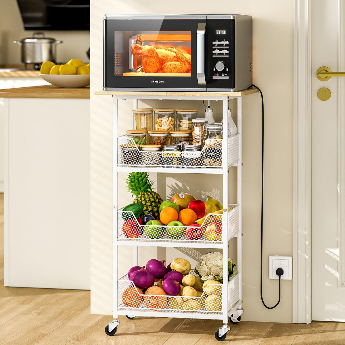 ThreeHio Rolling Kitchen Microwave Cart with Fruit Baskets, 4 Tier Microwave Table Stand with