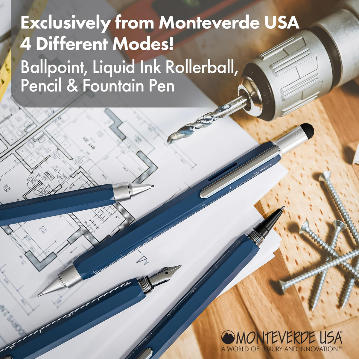 Monteverde USA 9-in-1 Tool Ballpoint Pen in Blue – Multifunctional Pen with Stylus, Screwdrivers