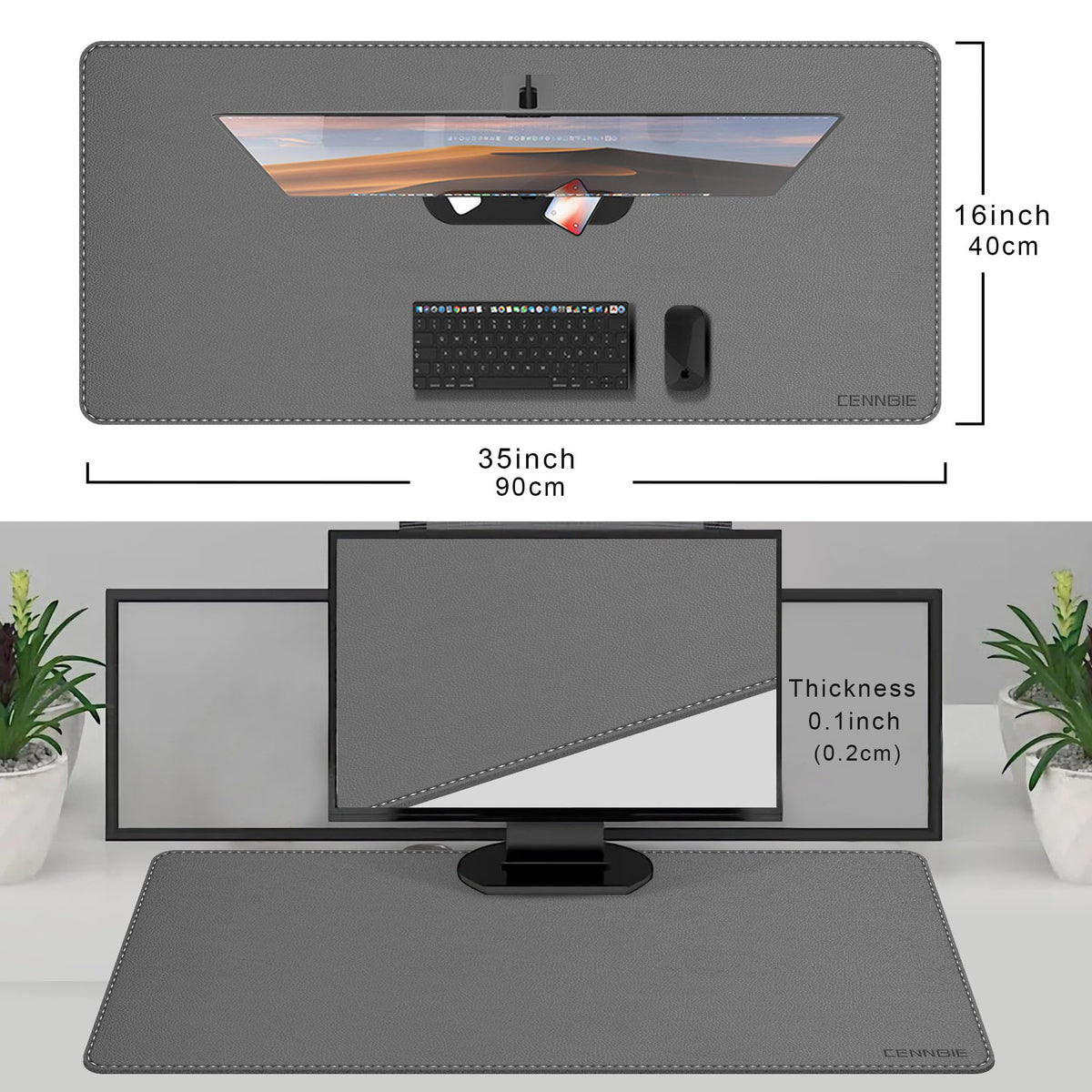 CENNBIE 35.5" x 16" Leather Desk Mat, Computer Mouse Pad for Office(Grey)