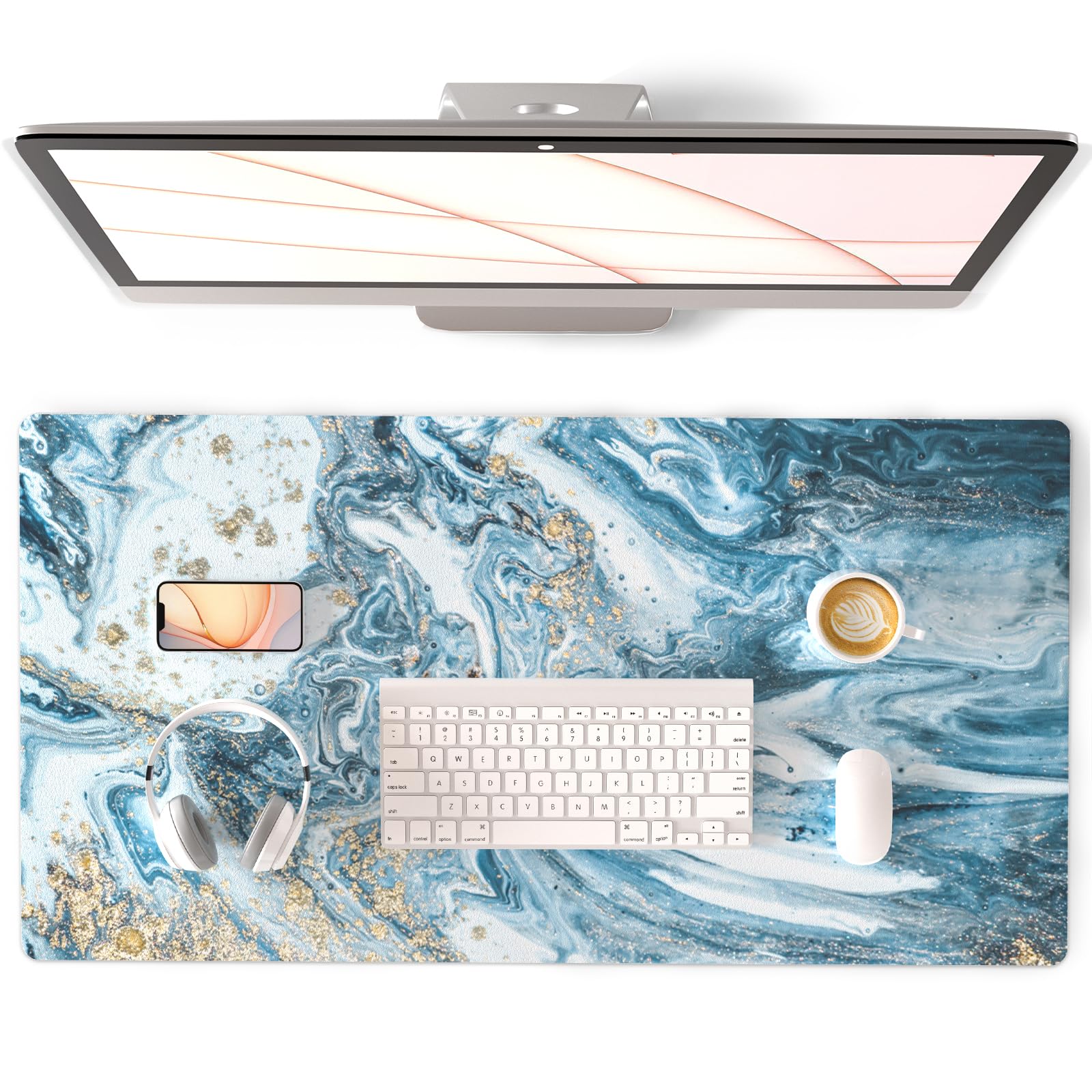 QiyI PU Leather Large Mouse Pad, Office Decor, 31.5" x 15.7", Blue Marble