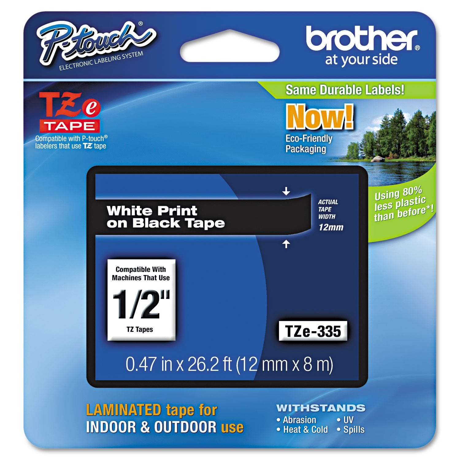 Brother International TZe335 P-Touch ~1/2" (0.47") White on Black Standard Laminated Tape - 26.2