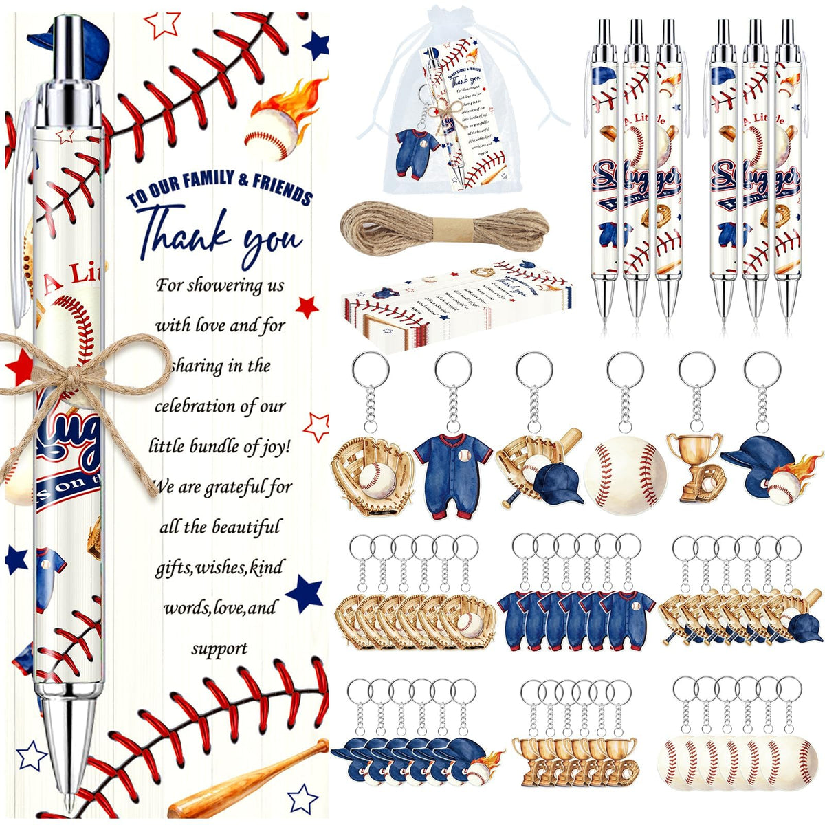 145 Pieces Baseball Baby Shower Favors for Guest Little Slugger is on Way Ballpoint Pens Keychains