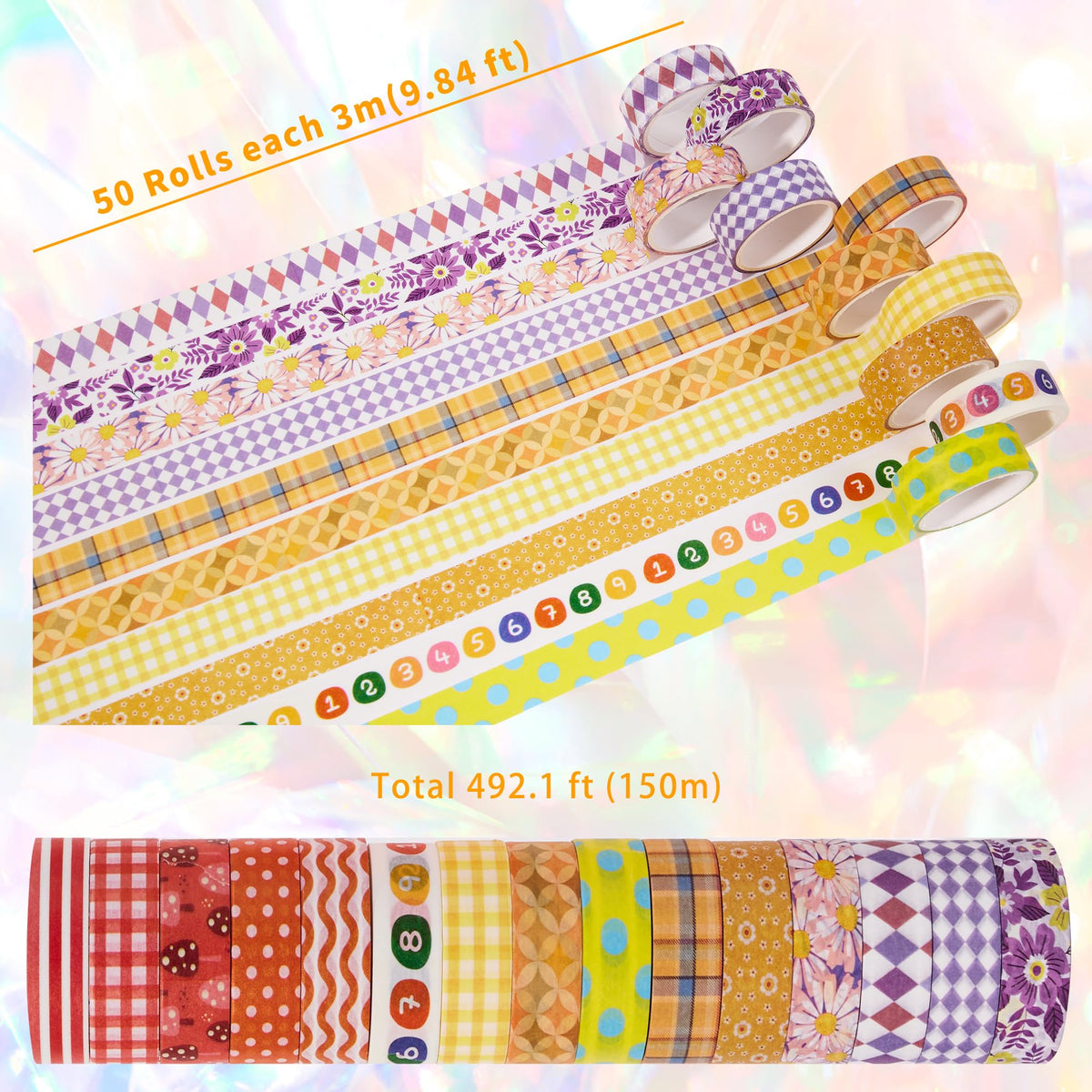 emmoolife 50 Rolls Washi Tape Set, 15mm Wide Rainbow Colored Tape Aesthetic Design Masking