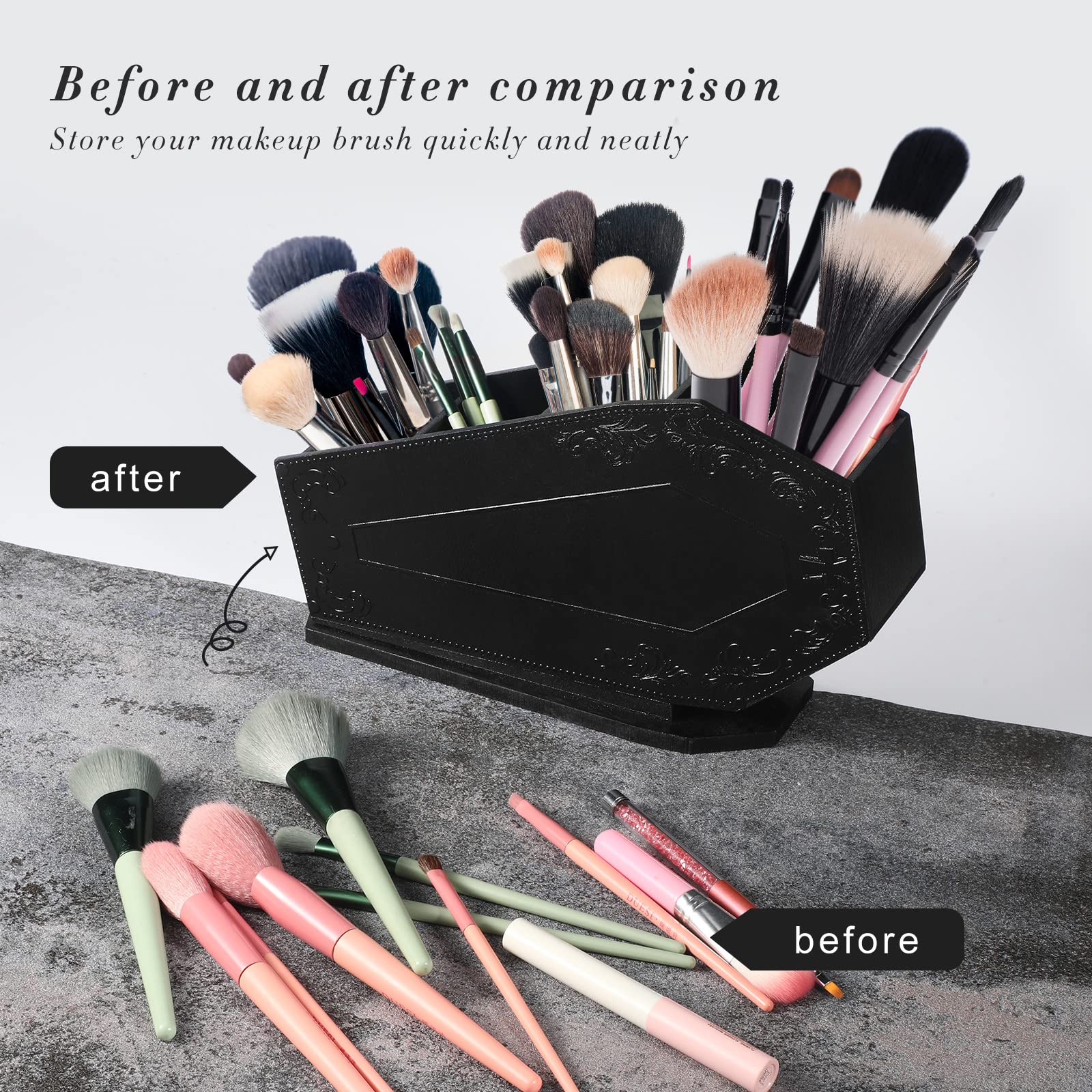 Maitys Coffin Makeup Brush Holder Gothic Wooden Organizer Spooky Coffin Case Gifts for Women